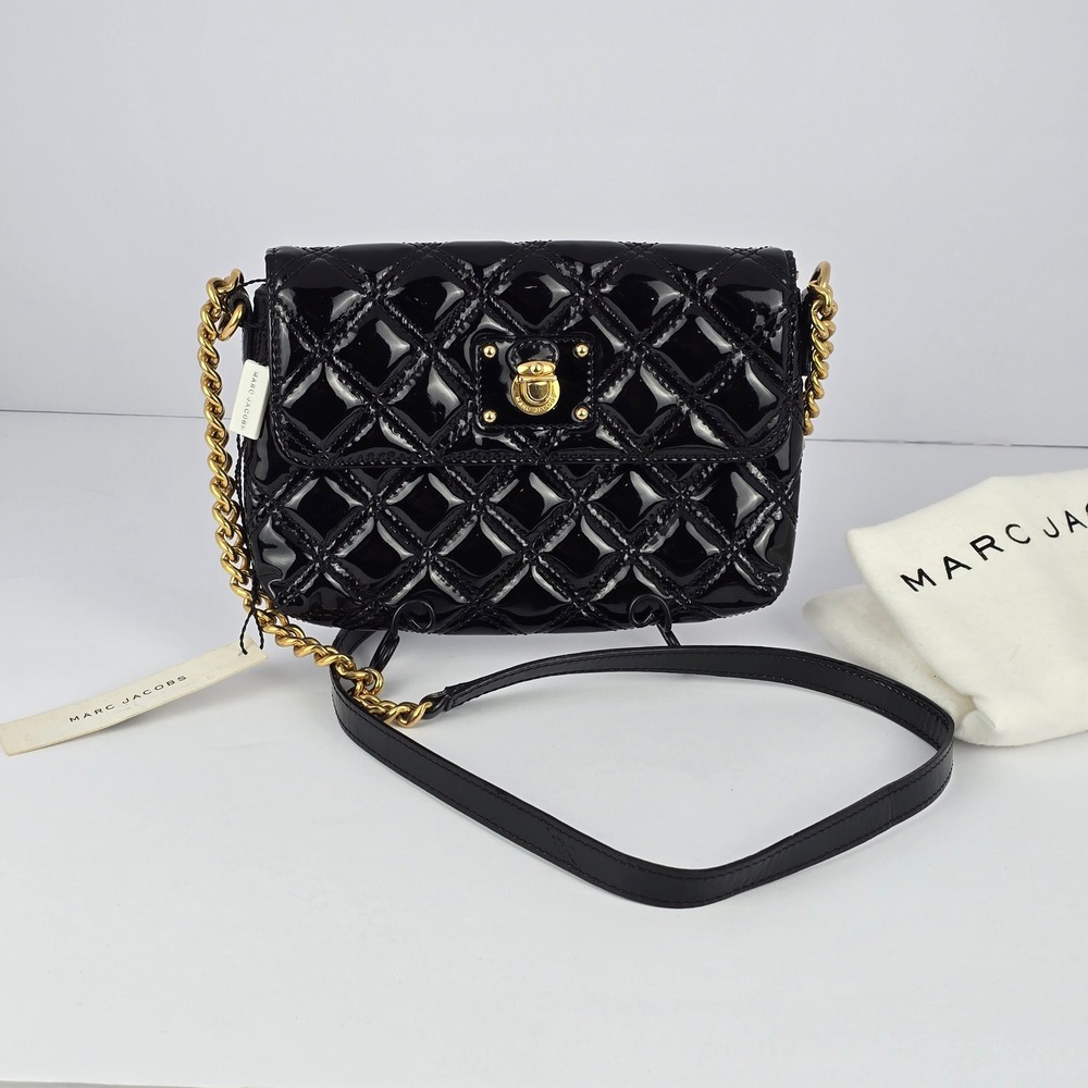 Marc Jacobs Black Quilted Patent Leather Crossbody Bag Chain Strap NWT